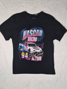 Nascar Black Tee with White Neck Logo Print